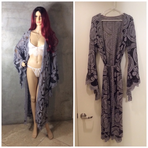 🌸 KIMONO ROBE CARDIGAN BLACK GRAY BELL SLEEVE LACE BOHO KIMONO FESTIVAL GYPSY - Picture 7 of 7
